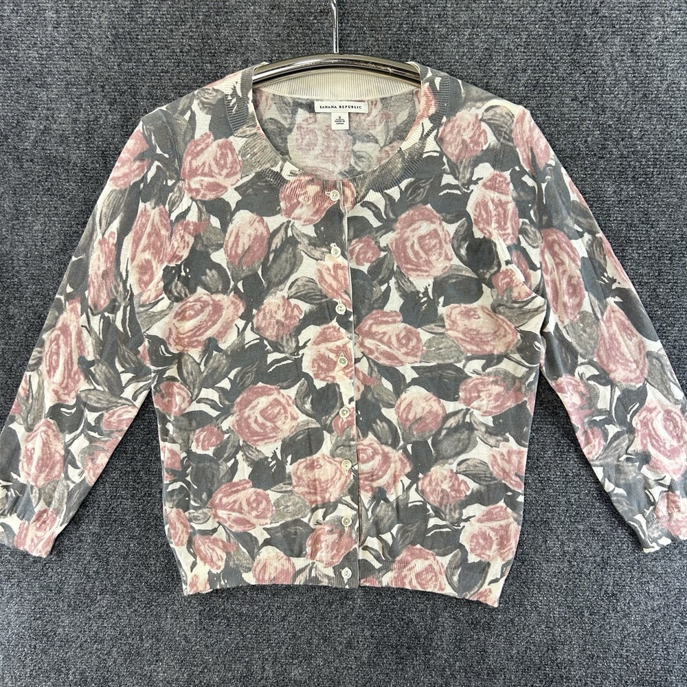 Banana Republic Cardigan Sweater Womens Small Gray Garden Floral Rose Lightweigh